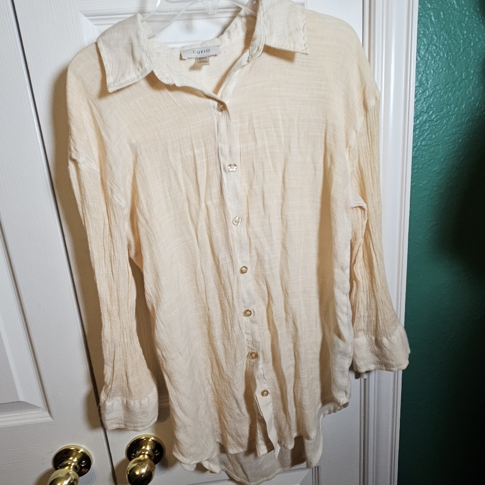 Cupio Shirt cream Tunic Top Button Front High Low Hem 3/4 Sleeve - Picture 2 of 8